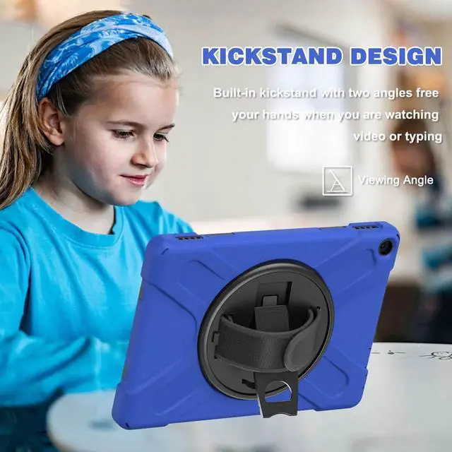 Alt view image 7 of 7 - Amazon Kindle Fire HD 10 / Fire HD 10 Plus 11th Generation 2021 Case, Shockproof Rugged Drop Protection Cover with Pencil Holder and Rotating Kickstand Hand Strap / Shoulder Strap Blue