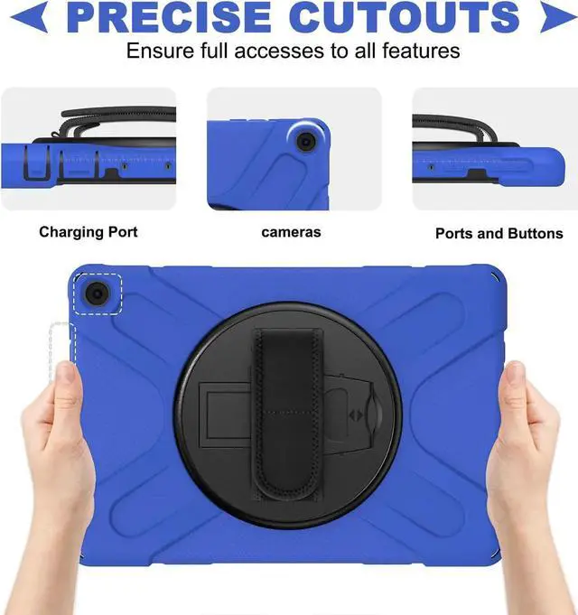 Alt view image 4 of 7 - Amazon Kindle Fire HD 10 / Fire HD 10 Plus 11th Generation 2021 Case, Shockproof Rugged Drop Protection Cover with Pencil Holder and Rotating Kickstand Hand Strap / Shoulder Strap Blue