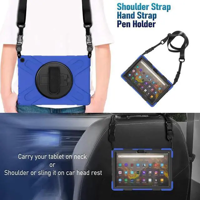 Alt view image 5 of 7 - Amazon Kindle Fire HD 10 / Fire HD 10 Plus 11th Generation 2021 Case, Shockproof Rugged Drop Protection Cover with Pencil Holder and Rotating Kickstand Hand Strap / Shoulder Strap Blue