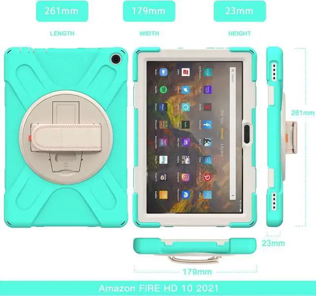 Alt view image 7 of 7 - Amazon Kindle Fire HD 10 / Fire HD 10 Plus 11th Generation 2021 Case, Shockproof Rugged Drop Protection Cover with Pencil Holder and Rotating Kickstand Hand Strap / Shoulder Strap Green