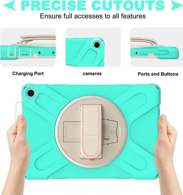 Alt view image 3 of 7 - Amazon Kindle Fire HD 10 / Fire HD 10 Plus 11th Generation 2021 Case, Shockproof Rugged Drop Protection Cover with Pencil Holder and Rotating Kickstand Hand Strap / Shoulder Strap Green