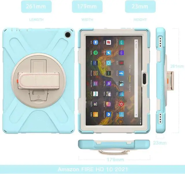 Alt view image 7 of 7 - Amazon Kindle Fire HD 10 / Fire HD 10 Plus 11th Generation 2021 Case, Shockproof Rugged Drop Protection Cover with Pencil Holder and Rotating Kickstand Hand Strap / Shoulder Strap Blue Robin
