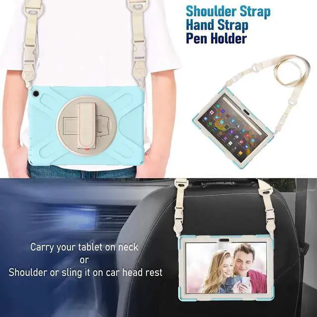 Alt view image 4 of 7 - Amazon Kindle Fire HD 10 / Fire HD 10 Plus 11th Generation 2021 Case, Shockproof Rugged Drop Protection Cover with Pencil Holder and Rotating Kickstand Hand Strap / Shoulder Strap Blue Robin