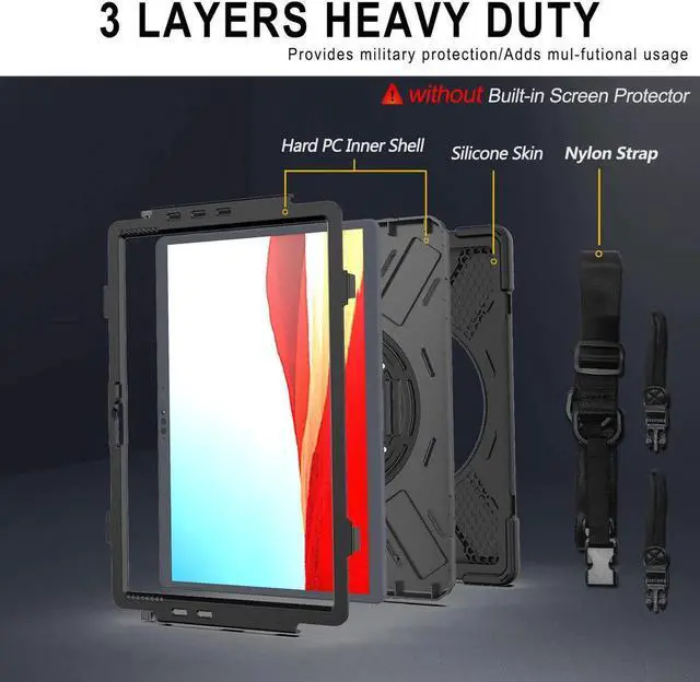 Alt view image 2 of 7 - Microsoft Surface Pro X Case Protective Rugged Cover with Pen Holder Hand Strap Rotating Kickstand and Shoulder Strap for Microsoft Surface Pro X 13 inch