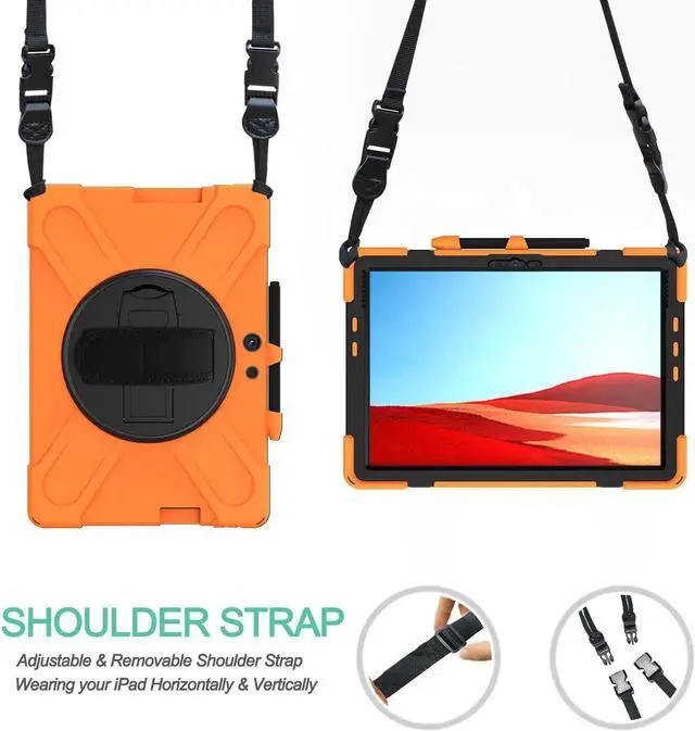Alt view image 6 of 7 - Microsoft Surface Pro Pro X Case Protective Rugged Cover with Pen Holder Hand Strap Rotating Kickstand and Shoulder Strap for Microsoft Surface Pro X 13 inch