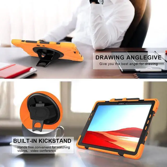 Alt view image 7 of 7 - Microsoft Surface Pro Pro X Case Protective Rugged Cover with Pen Holder Hand Strap Rotating Kickstand and Shoulder Strap for Microsoft Surface Pro X 13 inch