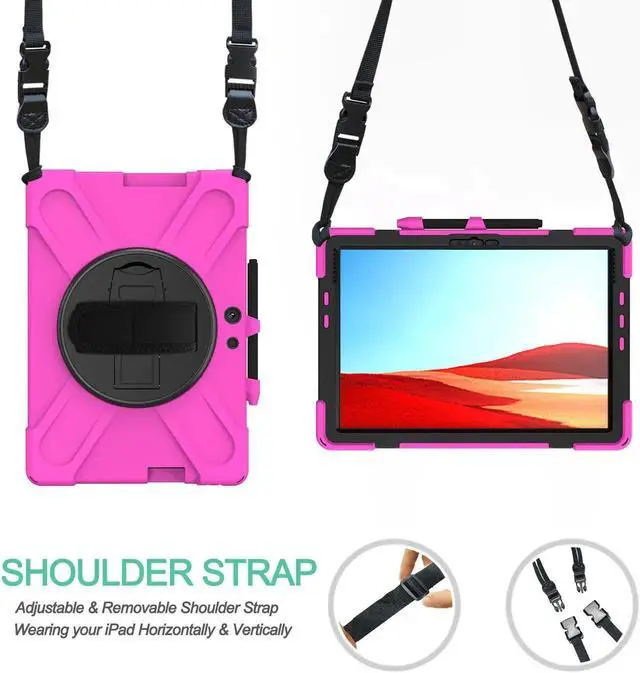 Alt view image 4 of 6 - Microsoft Surface Pro Pro X Case Protective Rugged Cover with Pen Holder Hand Strap Rotating Kickstand and Shoulder Strap for Microsoft Surface Pro X 13 inch