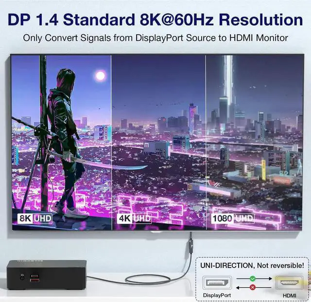 Alt view image 7 of 7 - 8K@60Hz DisplayPort to HDMI Adapter, Uni-Directional DP 1.4a to HDMI 2.1 Converter Cable, Support 8K, 4K@120Hz, 2K@240Hz, VRR, HDR, HDCP 2.3, DSC 1.2a for HP, ASUS, DELL, GPU, AMD, NVIDIA