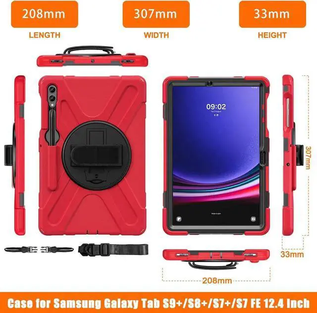 Alt view image 2 of 7 - Protective Case for Samsung Galaxy Tab S9 Plus 2023 / S8 Plus 2022 / S7 FE 2021 / S7 Plus 2020 12.4 inch Tablet Shockproof Cover with 360 Degree Rotating Kickstand, Hand/Shoulder Strap Red