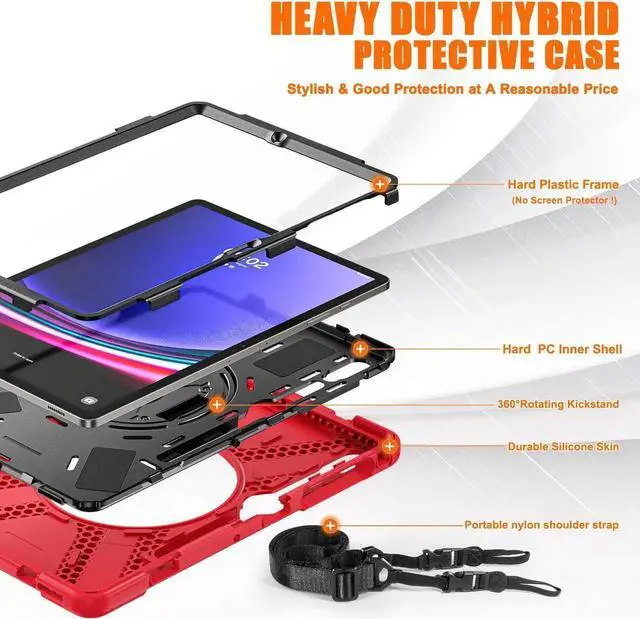 Alt view image 3 of 7 - Protective Case for Samsung Galaxy Tab S9 Plus 2023 / S8 Plus 2022 / S7 FE 2021 / S7 Plus 2020 12.4 inch Tablet Shockproof Cover with 360 Degree Rotating Kickstand, Hand/Shoulder Strap Red