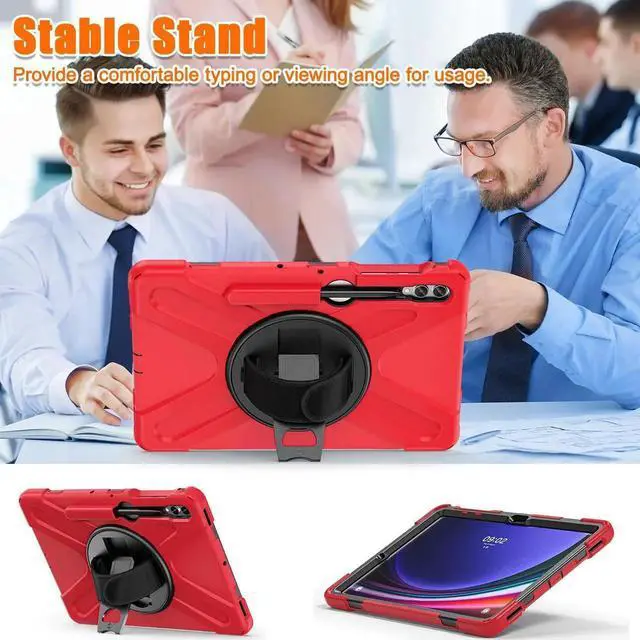 Alt view image 6 of 7 - Protective Case for Samsung Galaxy Tab S9 Plus 2023 / S8 Plus 2022 / S7 FE 2021 / S7 Plus 2020 12.4 inch Tablet Shockproof Cover with 360 Degree Rotating Kickstand, Hand/Shoulder Strap Red
