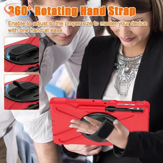 Alt view image 7 of 7 - Protective Case for Samsung Galaxy Tab S9 Plus 2023 / S8 Plus 2022 / S7 FE 2021 / S7 Plus 2020 12.4 inch Tablet Shockproof Cover with 360 Degree Rotating Kickstand, Hand/Shoulder Strap Red