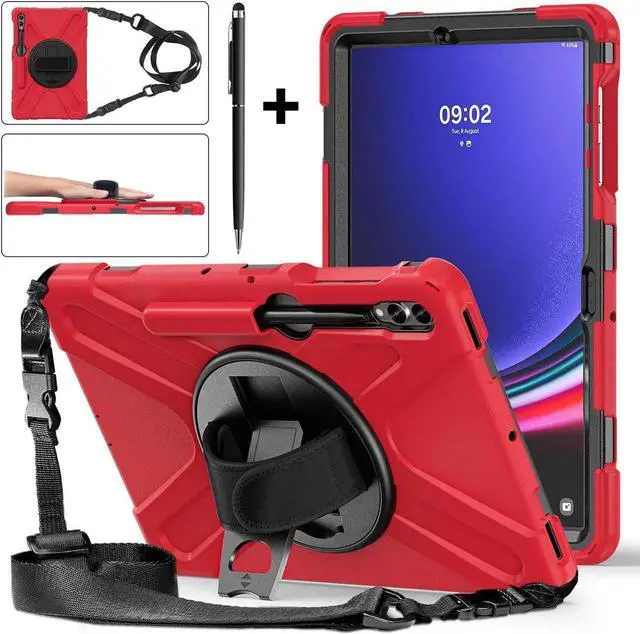 Main image of Protective Case for Samsung Galaxy Tab S9 Plus 2023 / S8 Plus 2022 / S7 FE 2021 / S7 Plus 2020 12.4 inch Tablet Shockproof Cover with 360 Degree Rotating Kickstand, Hand/Shoulder Strap Red