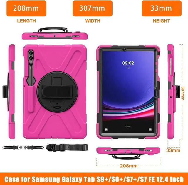 Alt view image 5 of 7 - Protective Case for Samsung Galaxy Tab S9 Plus 2023 / S8 Plus 2022 / S7 FE 2021 / S7 Plus 2020 12.4 inch Tablet Shockproof Cover with 360 Degree Rotating Kickstand, Hand/Shoulder Strap Rose Red