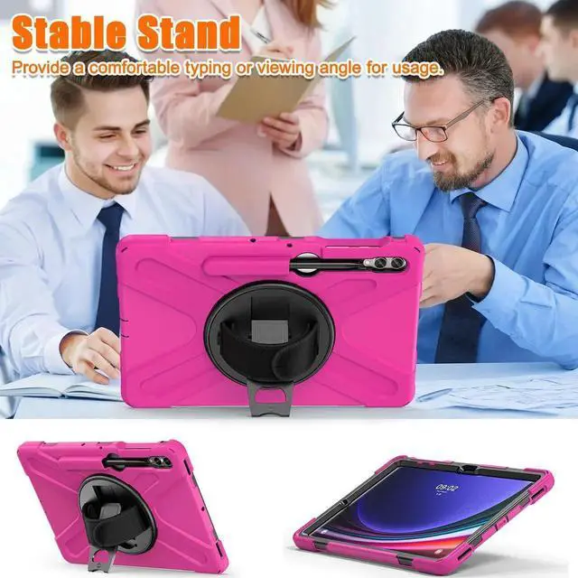Alt view image 7 of 7 - Protective Case for Samsung Galaxy Tab S9 Plus 2023 / S8 Plus 2022 / S7 FE 2021 / S7 Plus 2020 12.4 inch Tablet Shockproof Cover with 360 Degree Rotating Kickstand, Hand/Shoulder Strap Rose Red