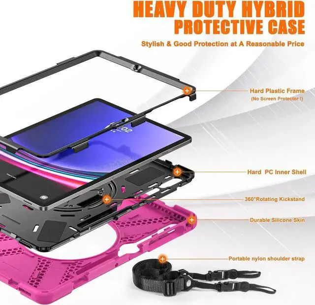 Alt view image 3 of 7 - Protective Case for Samsung Galaxy Tab S9 Plus 2023 / S8 Plus 2022 / S7 FE 2021 / S7 Plus 2020 12.4 inch Tablet Shockproof Cover with 360 Degree Rotating Kickstand, Hand/Shoulder Strap Rose Red