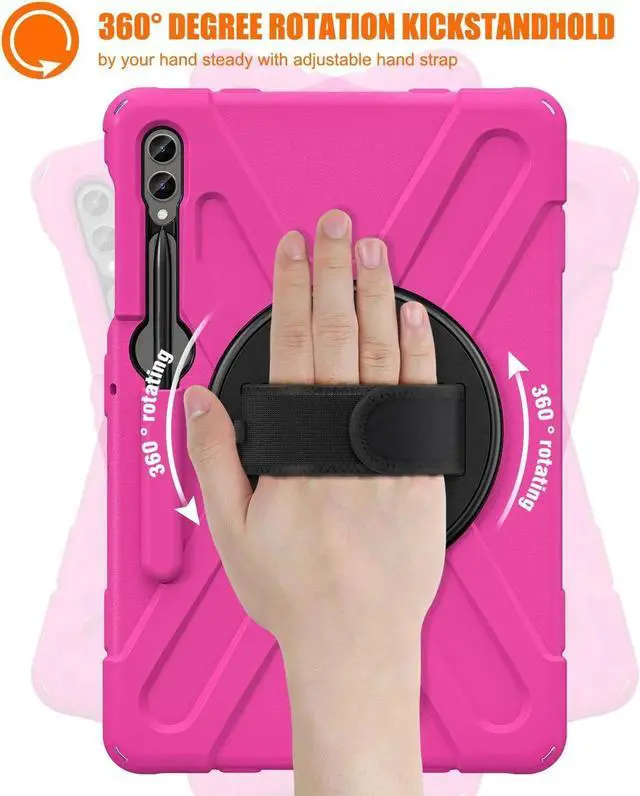 Alt view image 2 of 7 - Protective Case for Samsung Galaxy Tab S9 Plus 2023 / S8 Plus 2022 / S7 FE 2021 / S7 Plus 2020 12.4 inch Tablet Shockproof Cover with 360 Degree Rotating Kickstand, Hand/Shoulder Strap Rose Red