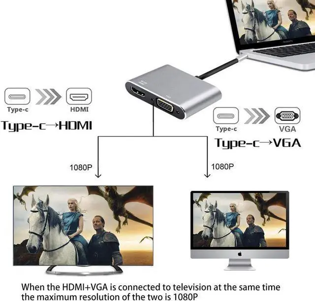 Alt view image 5 of 7 - Werleo USB C to HDMI 4K VGA Adapter USB 3.1 Type C to VGA HDMI UHD Video Converter Adaptor for 2018 iPad Pro / MacBook Pro / Chromebook / Lenovo 900 / Dell XPS / Samsung Galaxy S8 S9 No Driver