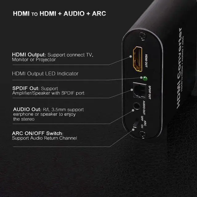 Alt view image 3 of 6 - 4K HDMI Audio Extractor, HDMI to HDMI + Digital Optical TOSLINK (SPDIF) + 3.5mm Audio Stereo Audio Converter Adapter Support ARC 3D PS4 Pro Roku Xbox One Etc