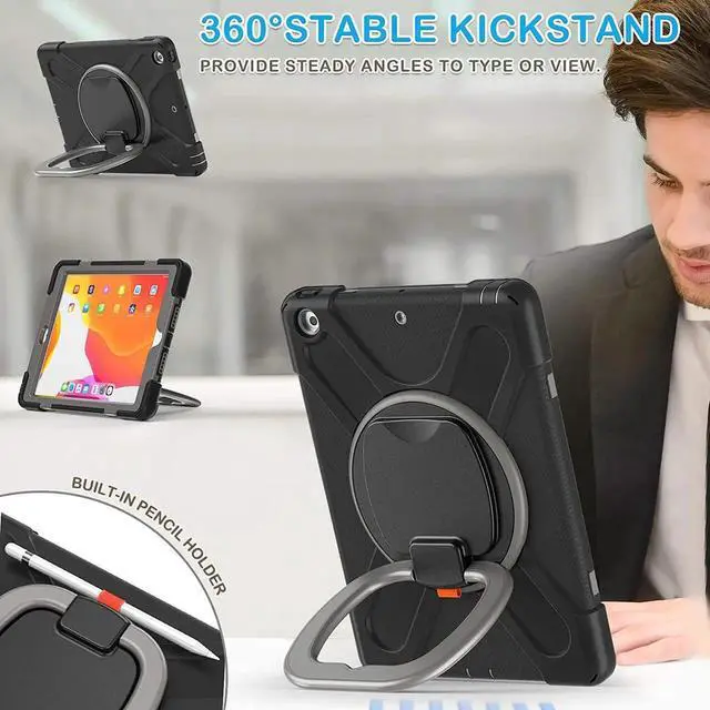 Alt view image 3 of 7 - iPad 8th 7th Generation Case, iPad 10.2 inch Case 2020 2019, Heavy Duty Rugged Kids Cover with Rotating Stand/Pencil Holder/Carrying Strap Grey