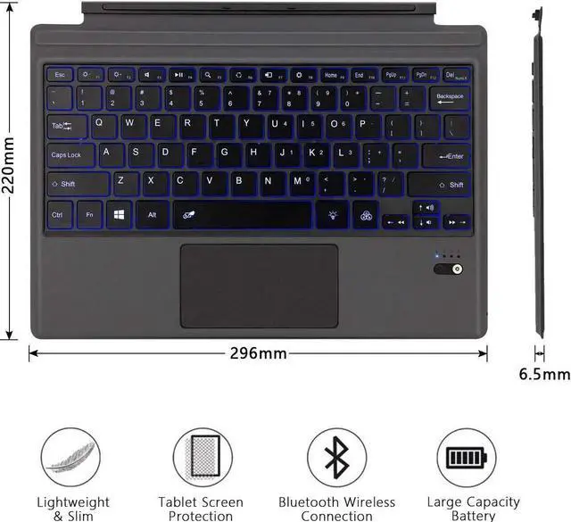 Alt view image 2 of 7 - Type Cover for Microsoft Surface Pro 7 / Surface Pro 6 / Surface Pro 5 2017 / Surface Pro 4 / Surface Pro 3 2014 Detachable Bluetooth Wireless Keyboard with Touchpad and 7-Color LED Backlit