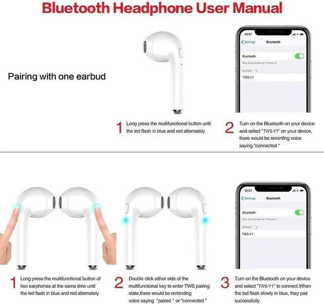 Alt view image 7 of 7 - Wireless Earbuds Bluetooth Headphones Stereo Earphone Built-In Mic with Charging Case Cordless Sport Headsets for AirPods iPhone X 8 7 plus 6 6s plus Android Samsung Galaxy