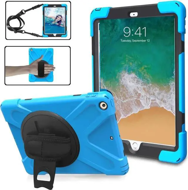 Main image of iPad Air 1st Genearton Case for Kids 2013 | iPad Air First Generation Case Rugged Shockproof | Three Layer Durable Case with Stand Hand Shoulder Strap for iPad Air 1 A1474 A1475 A1476 Red Light Blue