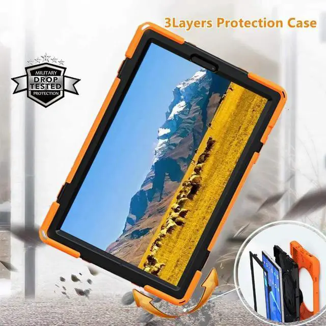 Alt view image 4 of 6 - Heavy Duty Case for Lenovo Tab M10 HD (2nd Gen) 2020, 10.1 Inch Rugged Case with Strap Kickstand Shoulder Belt for TB-X306F/TB-X306X Orange
