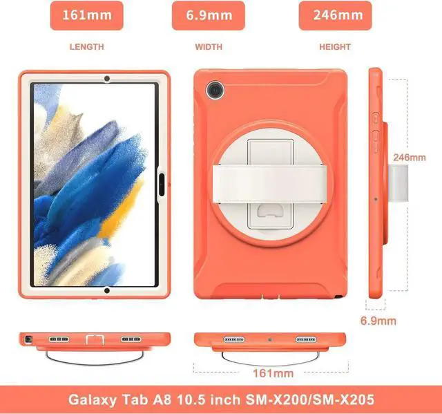 Alt view image 5 of 7 - Galaxy Tab A8 Case 10.5 Inch 2022 (SM-X200/X205/X207), Rugged Heavy Duty Shockproof Case with Hand Strap Rotating Kickstand Protective Cover Case for 10.5" Galaxy Tab A8 2022 Orange