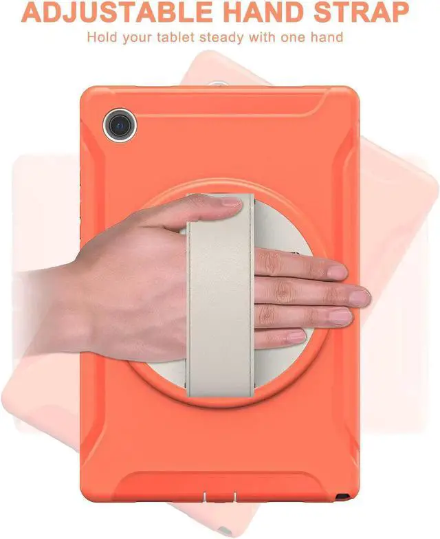 Alt view image 6 of 7 - Galaxy Tab A8 Case 10.5 Inch 2022 (SM-X200/X205/X207), Rugged Heavy Duty Shockproof Case with Hand Strap Rotating Kickstand Protective Cover Case for 10.5" Galaxy Tab A8 2022 Orange