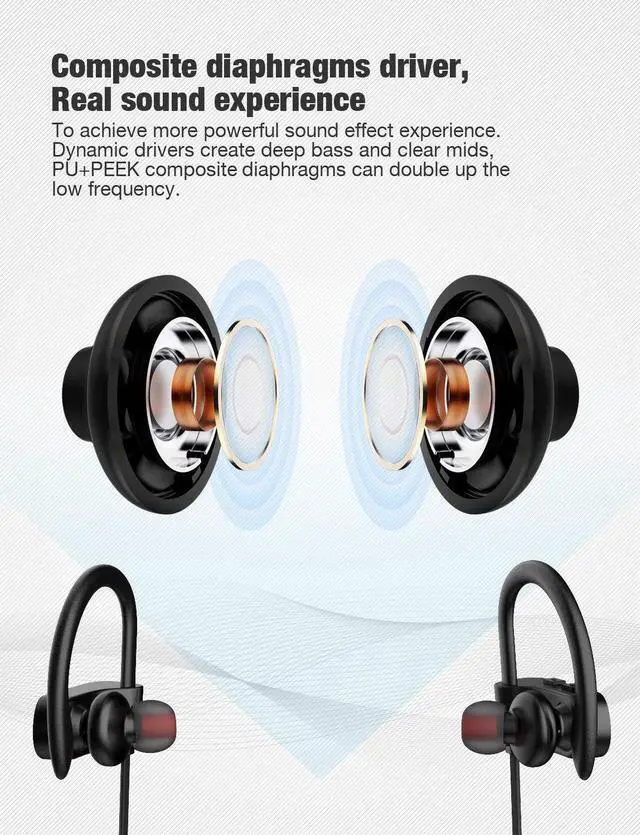Alt view image 6 of 7 - Bluetooth Headphones Wireless Sports Earphones with Mic IPX7 Waterproof HD Stereo Sweatproof Earbuds for Gym Running 7-9 Hrs Playback Noise Cancelling Headsets - Black