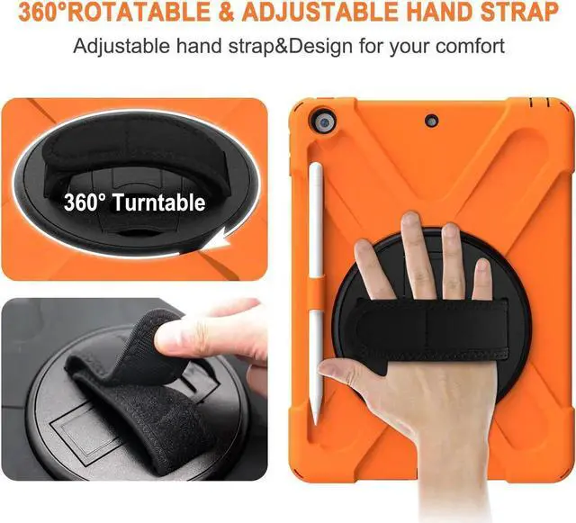 Alt view image 6 of 7 - New iPad 10.2 Case 2019 iPad 7th Generation Case Cover with Pencil Holder / Rotatable Stand / Hand Strap and Shoulder Belt Shockproof Case for iPad 10.2 inch 2019 Tablet A2197 A2198 A2200 Orange