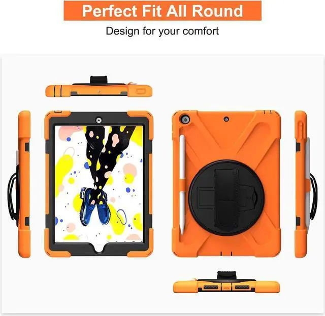 Alt view image 3 of 7 - New iPad 10.2 Case 2019 iPad 7th Generation Case Cover with Pencil Holder / Rotatable Stand / Hand Strap and Shoulder Belt Shockproof Case for iPad 10.2 inch 2019 Tablet A2197 A2198 A2200 Orange