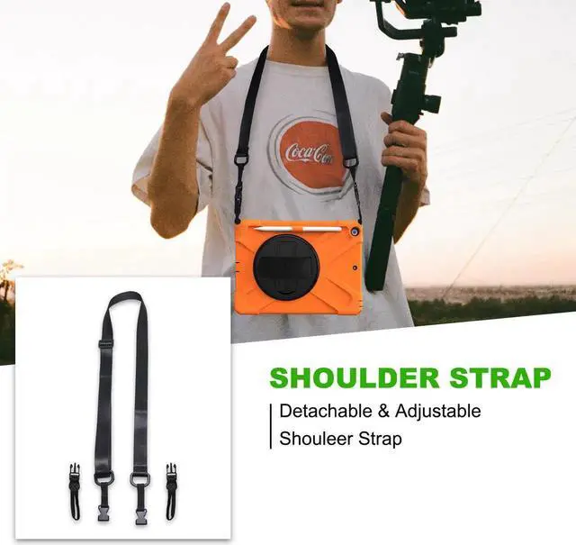 Alt view image 2 of 7 - New iPad 10.2 Case 2019 iPad 7th Generation Case Cover with Pencil Holder / Rotatable Stand / Hand Strap and Shoulder Belt Shockproof Case for iPad 10.2 inch 2019 Tablet A2197 A2198 A2200 Orange