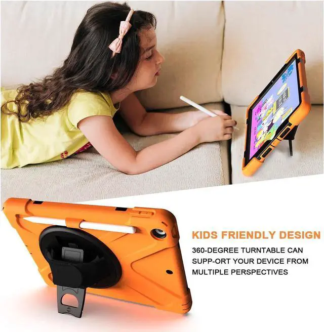 Alt view image 7 of 7 - New iPad 10.2 Case 2019 iPad 7th Generation Case Cover with Pencil Holder / Rotatable Stand / Hand Strap and Shoulder Belt Shockproof Case for iPad 10.2 inch 2019 Tablet A2197 A2198 A2200 Orange
