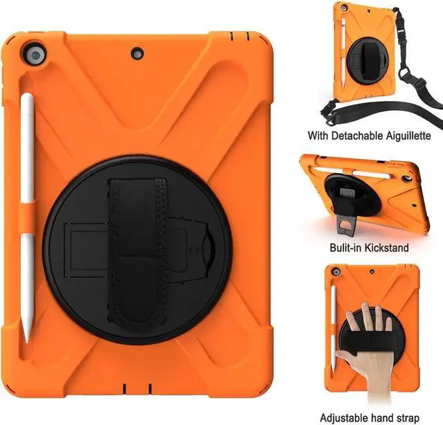 Alt view image 5 of 7 - New iPad 10.2 Case 2019 iPad 7th Generation Case Cover with Pencil Holder / Rotatable Stand / Hand Strap and Shoulder Belt Shockproof Case for iPad 10.2 inch 2019 Tablet A2197 A2198 A2200 Orange