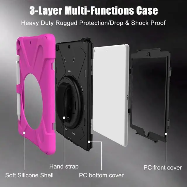 Alt view image 4 of 7 - New iPad 10.2 Case 2019 iPad 7th Generation Case Cover with Pencil Holder / Rotatable Stand / Hand Strap and Shoulder Belt Shockproof Case for iPad 10.2 inch 2019 Tablet A2197 A2198 A2200