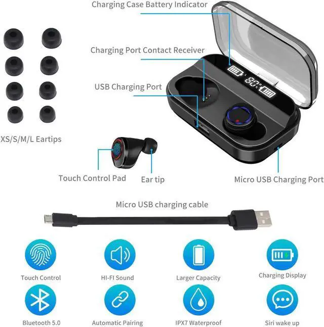 Alt view image 3 of 6 - Earbuds Bluetooth Earbuds with Charging Display Bluetooth Headset Wireless Earphones IPX7 Waterproof Bluetooth 5.0 Hi-Fi Stereo Sound with 4000mAH Charging Case