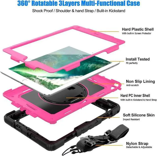 Alt view image 3 of 7 - iPad 6th 5th Generation Case New iPad 9.7 Inch 2018 2017 Case Full-body Shock Proof Hybrid Armor Protective Case Cover with 360 Rotating Stand & Strap for Apple iPad 5th / 6th iPad Air 2 iPad Pro 9.7