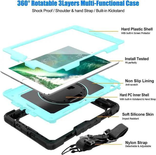 Alt view image 7 of 7 - iPad 6th 5th Generation Case New iPad 9.7 Inch 2018 2017 Case Full-body Shock Proof Hybrid Armor Protective Case Cover with 360 Rotating Stand & Strap for Apple iPad 5th / 6th iPad Air 2 iPad Pro 9.7