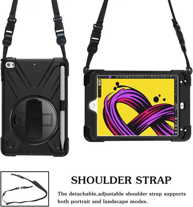 Alt view image 7 of 7 - iPad Mini 5 Case 2019 iPad Mini 4 Case with Pencil Holder Shockproof 360 Degree Rotation Cover with Kickstand Hand Strap Shoulder Strip Protective Case for iPad Mini 5th iPad Mini 4th Generation