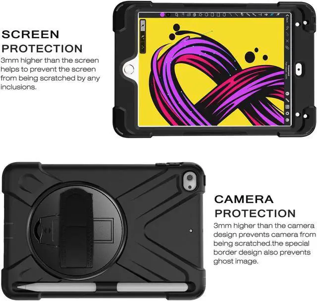 Alt view image 2 of 7 - iPad Mini 5 Case 2019 iPad Mini 4 Case with Pencil Holder Shockproof 360 Degree Rotation Cover with Kickstand Hand Strap Shoulder Strip Protective Case for iPad Mini 5th iPad Mini 4th Generation