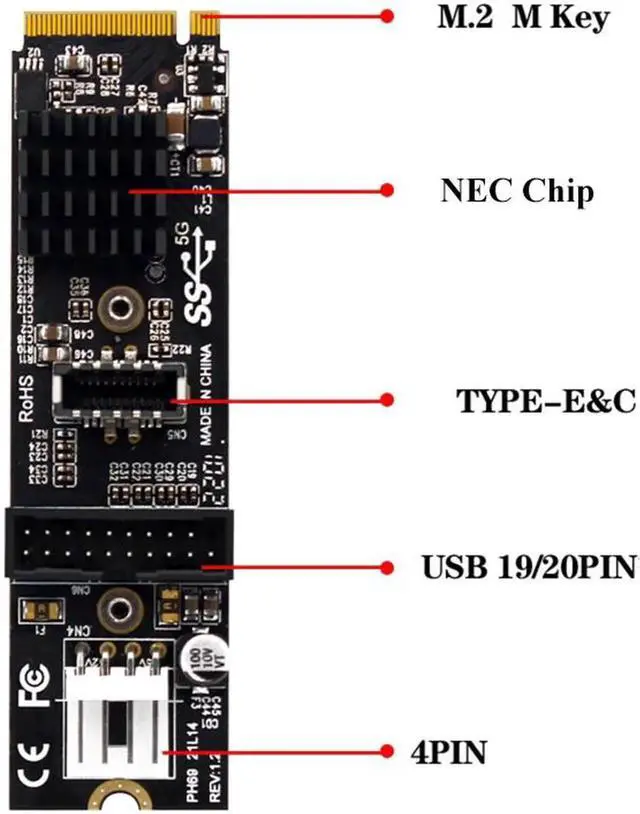 Alt view image 5 of 7 - M.2 M Key NVME PCIe to USB 3.1 Front Panel Expansion Board Card 10Gb TYPE-E + 5Gb 20 Pins 2 Port USB3.0 Adapter Hub Riser for PC