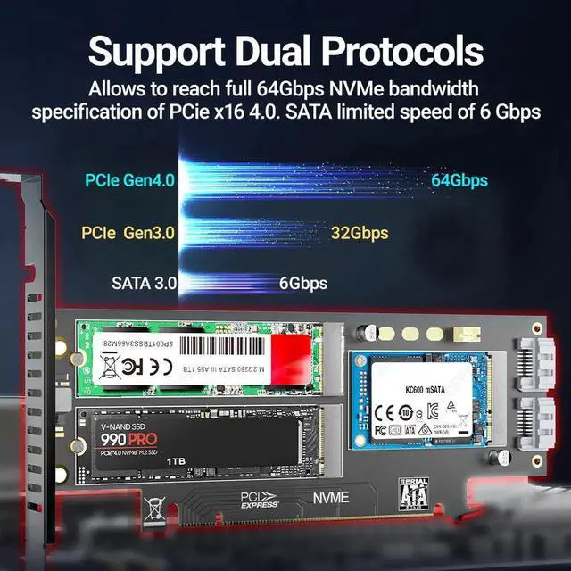 Alt view image 3 of 7 - NGFF and mSATA SSD PCIe 4.0/3.0 Adapter Card, 3 in 1 M.2 NVME to PCIE/M.2 SATA SSD to SATA III/mSATA to SATA Converter