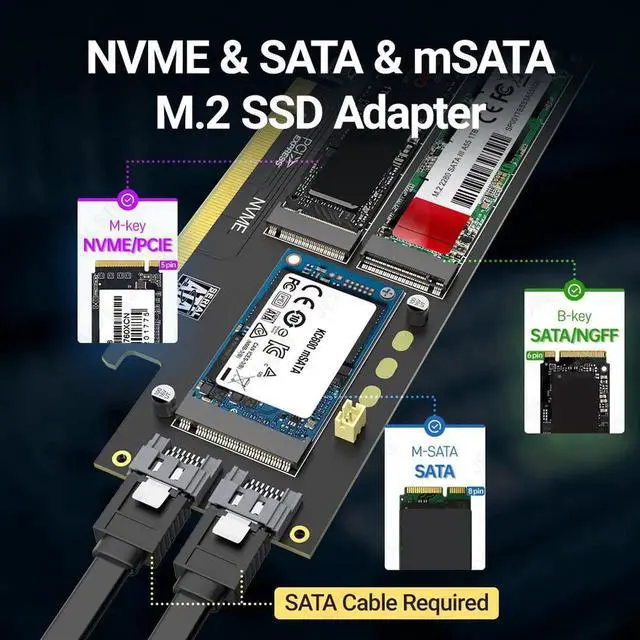 Alt view image 2 of 7 - NGFF and mSATA SSD PCIe 4.0/3.0 Adapter Card, 3 in 1 M.2 NVME to PCIE/M.2 SATA SSD to SATA III/mSATA to SATA Converter