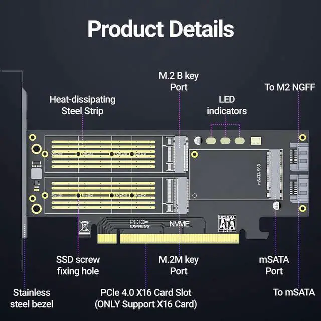 Alt view image 7 of 7 - NGFF and mSATA SSD PCIe 4.0/3.0 Adapter Card, 3 in 1 M.2 NVME to PCIE/M.2 SATA SSD to SATA III/mSATA to SATA Converter