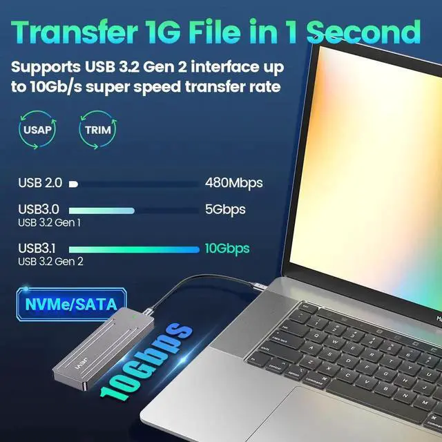Alt view image 2 of 7 - 22110 M.2 NVME NGFF Enclosure, USB 3.2 Gen2 Type-C 10Gbps SSD Case Support M&B+M Keys 2230/42/2260/2280 With Flat Cable