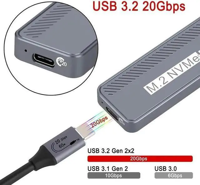 Alt view image 3 of 7 - 20Gbps M.2 NVME Enclosure USB 3.2 GEN 2X2 Type C NVME SSD Enclosure for 2230/2242/2260/2280 NVME SSD M/B+M Key External Case Box
