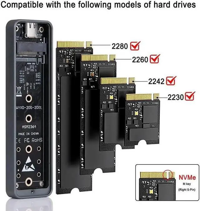 Alt view image 2 of 7 - 20Gbps M.2 NVME Enclosure USB 3.2 GEN 2X2 Type C NVME SSD Enclosure for 2230/2242/2260/2280 NVME SSD M/B+M Key External Case Box