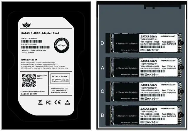 Alt view image 5 of 6 - Metal Case 4/5 Port B+M Key M.2 SATA SSD to 3.5" SATA3.0 6Gb JBOD Adapter Card With Enclosure Socket M2 NGFF to SATA Adapter Box